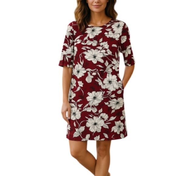 LUNA Floral Print Shift Dress Burgundy White Bell Sleeve Knee Length Size Small - Picture 1 of 11